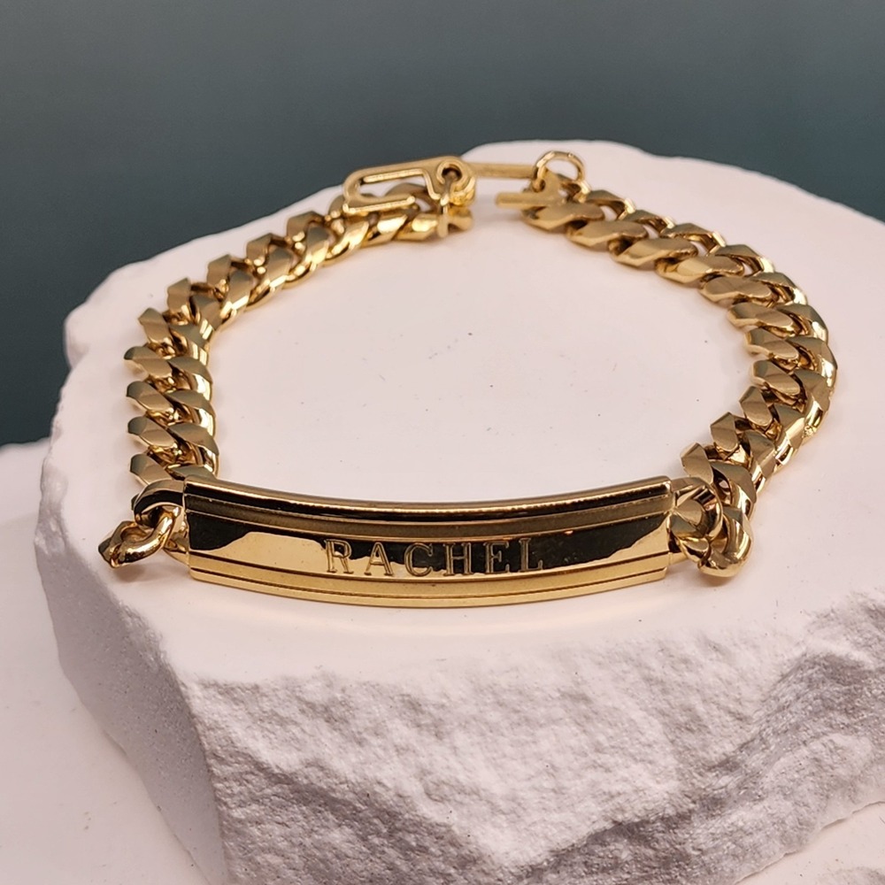 Gold Tone Rachel ID Bracelet Curb Chain Personalized Birthday Engraved Jewelry